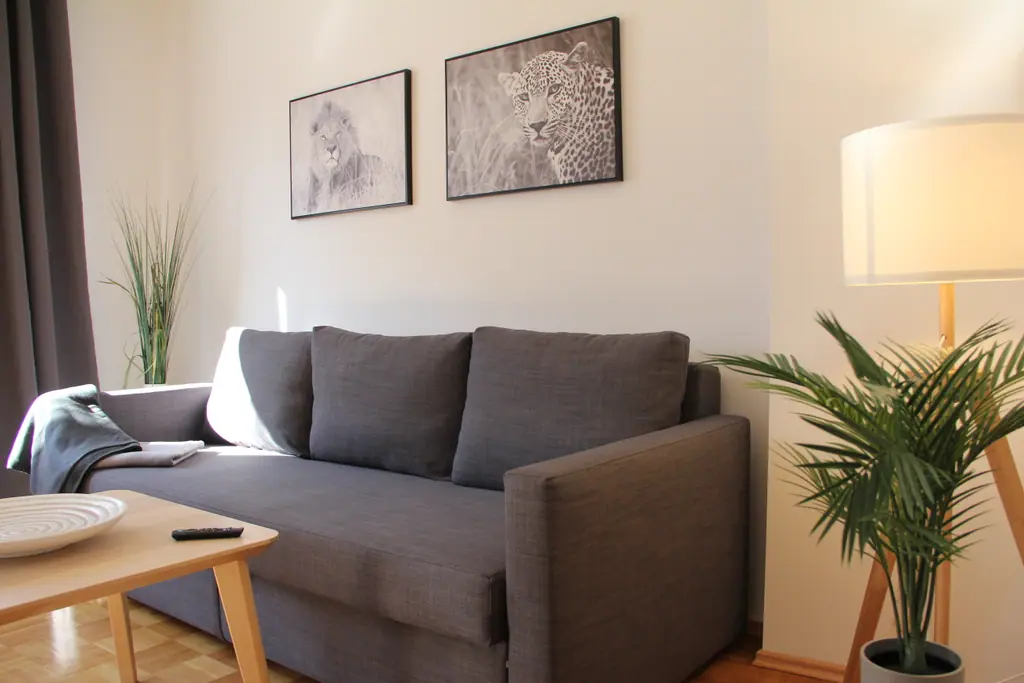 Africa Lodge: graues Sofa mit Leopardenbild und Pflanze